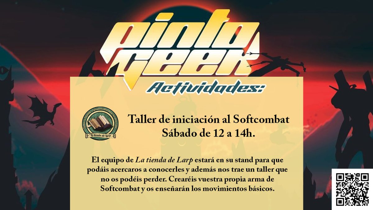 ¡La Tienda de Larp (<a href="/LaTiendadeLarp/">La Tienda de Larp</a>) traerá un taller de iniciación al softcombat! ⚔️
¡¡Podréis crear vuestra propia arma!!
Esto será el:

📅 Sábado por la mañana (10:00–14:00).
 Puedes pre-inscribirte en: pintogeek.renderforestsites.com.