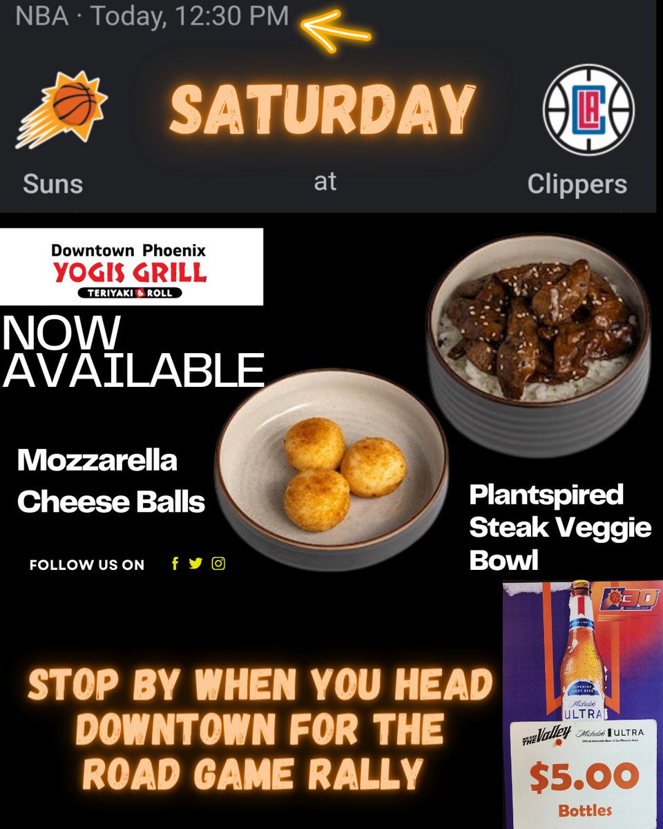 🚨 Attention Phoenix SUNS Fans 🚨
Get ready for an epic playoff game 4! SUNS VS CLIPPERS

 #SunsNation #RoadGameRally #YOGISGRILLDOWNTOWN #Playoffs #DowntownPhoenix