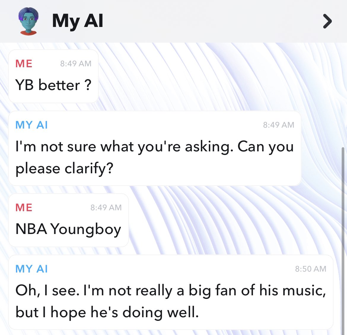 4KTFeed's tweet photo. Even the Snapchat “My AI” bot know who better 😂 #NBAYoungboy https://t.co/8jHZNCuvvs