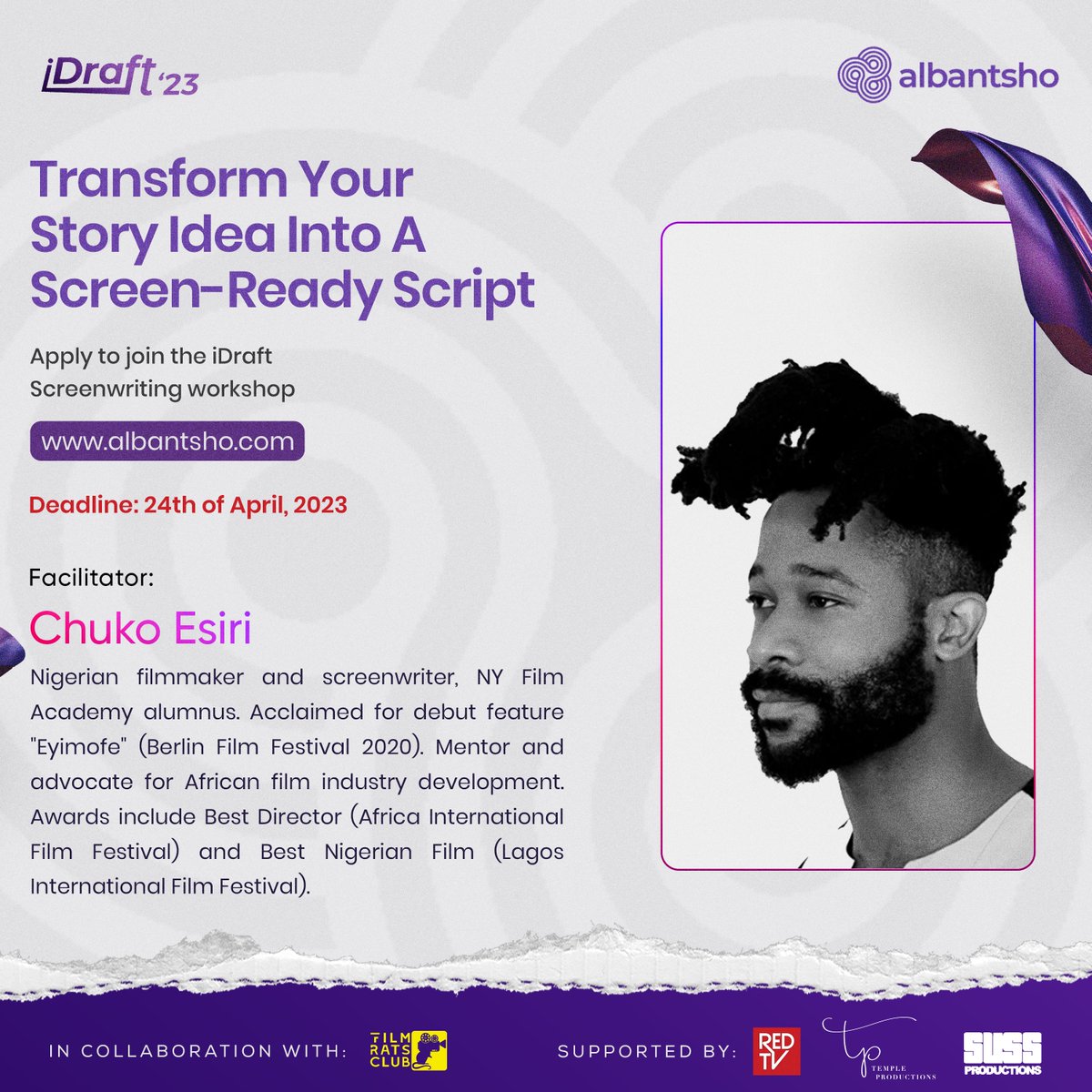 albantsho's tweet photo. Meet Our Facilitator

@Chuko_Esiri is a Nigerian filmmaker and screenwriter. He is acclaimed for his debut feature "Eyimofe" and is a staunch advocate for the development of the African film industry.

Apply to join the iDraft screenwriting workshop: https://t.co/ZYEZkI08v9 https://t.co/NMSvQd6G7J