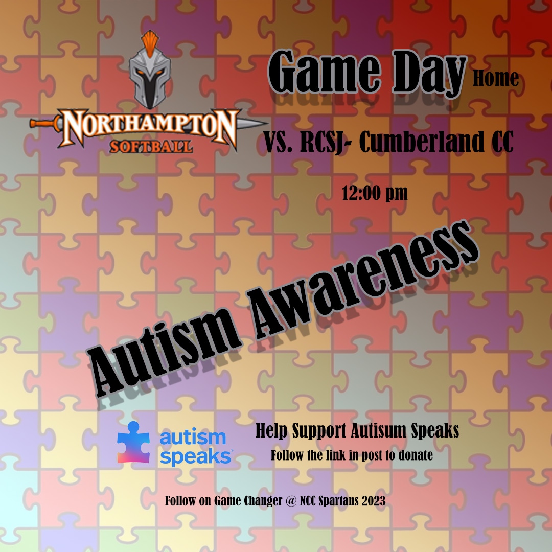 Rickwcoach's tweet photo. Northampton CC Softball is home today, with an Autism Awareness game against RCSJ-Cumberland CC at 3:30 pm. Autism affects 1 in 36 children in the US. Help support autism speaks by clicking or copying the link and donating.  
https://t.co/h7MpNE0fIj https://t.co/6oJFZlSW4R