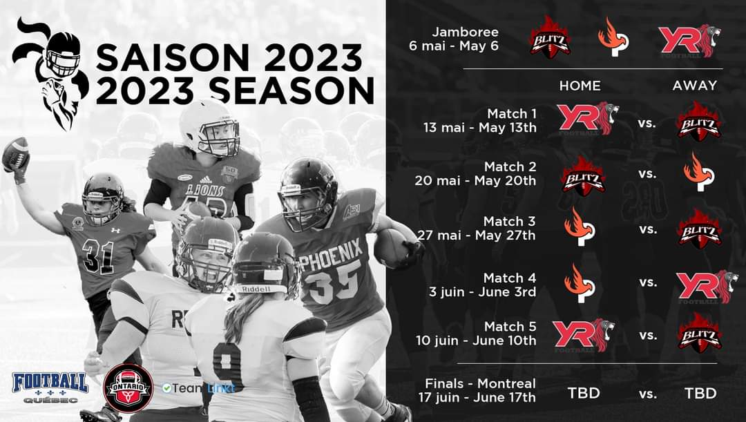 ccwflofficial's tweet photo. L'horaire 2023 🤩 On se voit en grand nombre le 6 mai prochain pour le lancement de notre 2ème saison!
-
The 2023 season schedule 🤩 See you on May 6th for the launch of our 2nd season!
@footballquebec @FootballOntario
Phoenix - York -@montrealblitz https://t.co/Vca79WtFRz