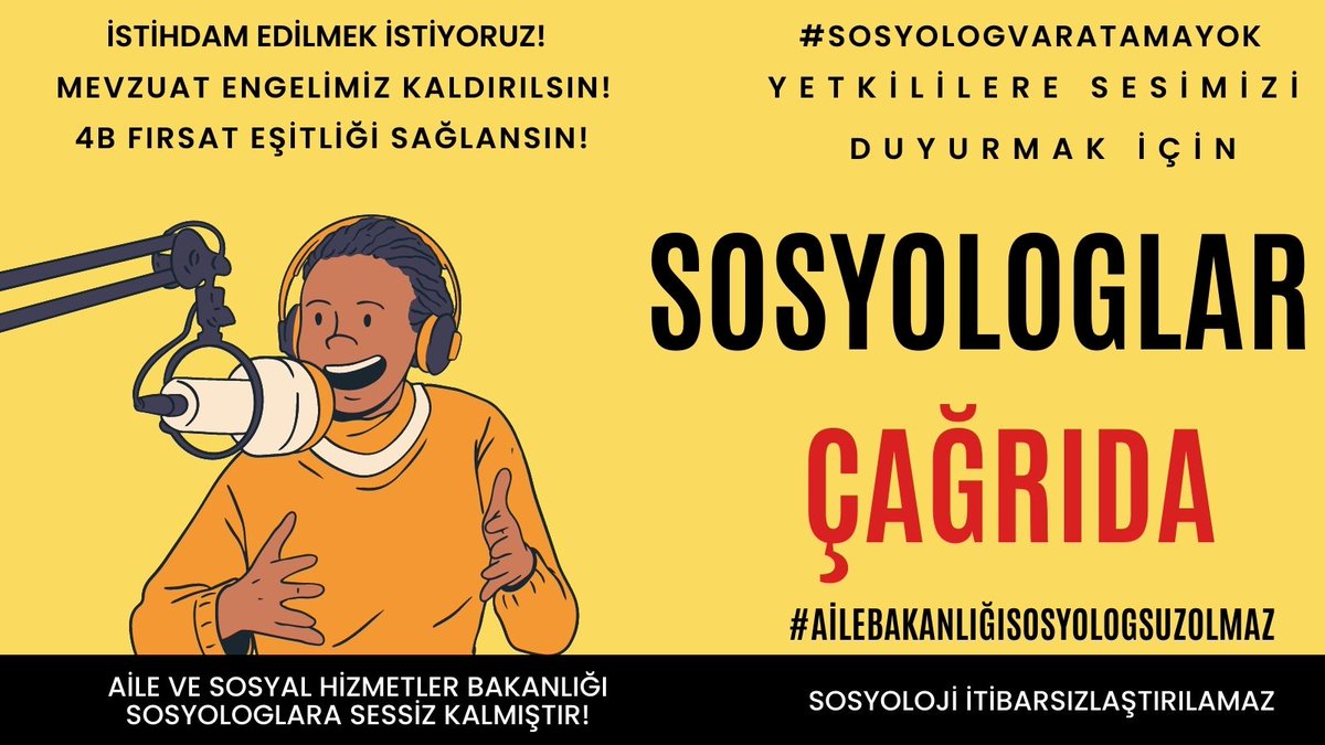 📌SOSYOLOGLAR ÇAĞRI YAPIYOR📌

Sosyoloji camiası olarak tüm bakanlık ve yöneticilerine sesleniyoruz: kamudaki personel alımlarında artık "görünmez olmak" istemiyoruz❗️ 

Emeklerimizin, eğitimlerimizin karşılığını almak ve memleketimize hizmet etmek için #işbirliği bekliyoruz!