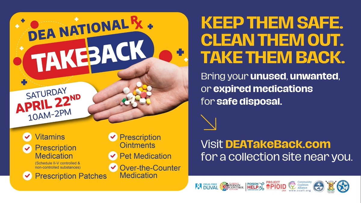UFHealthJax's tweet photo. #RXTakeback day is today! Drop your unwanted, expired or unused prescription medication off to one of the designated locations in Jacksonville. UF Health North is a drop off location today from 10am-2pm. Learn more at https://t.co/UvDwDadMTd https://t.co/7ziqZes8jE