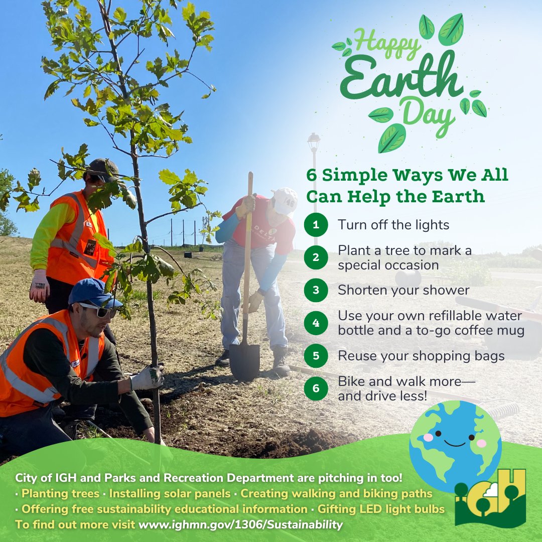 IGHParks's tweet image. Happy Earth Day! 🌎  Let's all celebrate today by pitching in and trying to help keep our Earth clean and healthy! 💚 

For more information on how we can help you find more ways to protect the earth (besides the six easy ways we list below), visit: ighmn.gov/Sustainability