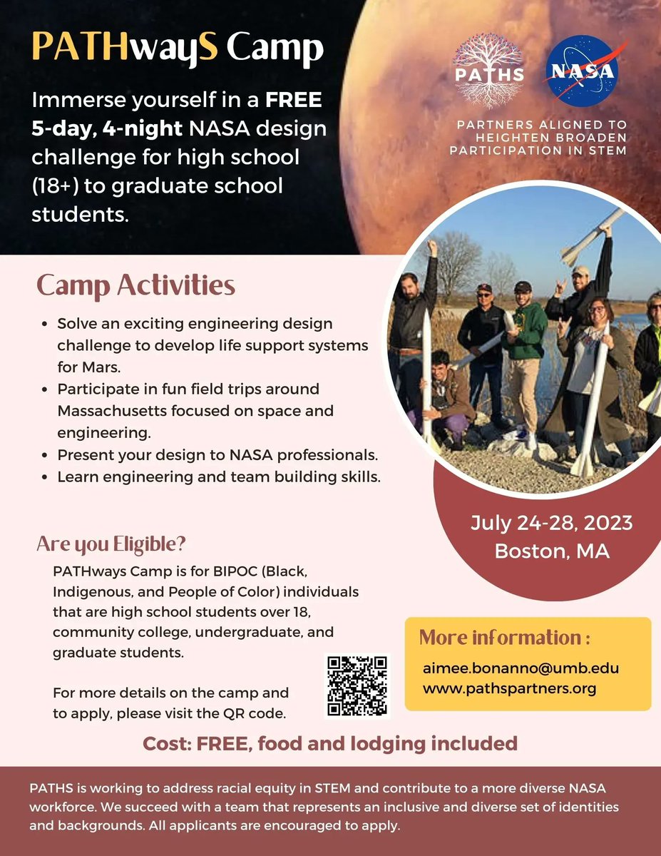 Apply to <a href="/NASA/">NASA</a>'s PATHways Camp this summer! Spend five days in a FREE #NASA design challenge program for high school through graduate students! Solve an #engineering design challenge to support life on #Mars, attend #STEM field trips, present your design, and build connections!