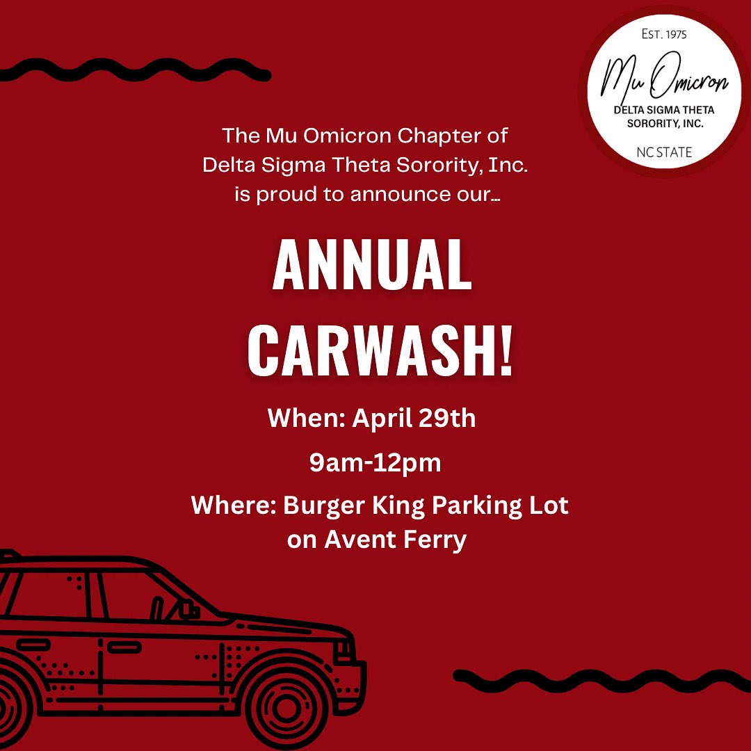 MuOmicronDst's tweet photo. Car dirty? No problem! 

Join us Saturday, April 29th for our Annual Carwash! We will be located at the Burger King on 2241 Avent Ferry Rd, Raleigh NC 27606 from 9am-12pm. We are also taking donations to our PayPal in our bio. See you there!

#DST1913  #SARDST #MOnumental https://t.co/1jvf3hWErp