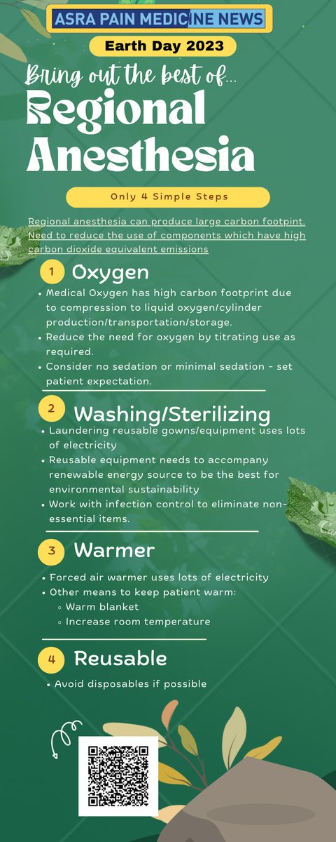 Happy #EarthDay2023! 🌎Even though #regionalanesthesia is one of the strategies to minimize potent greenhouse gas, it can still produce a large carbon footprint! Check out this infographic from #ASRANews on 4 ways to "bring out the best" of regional: ow.ly/cjkT50NPBI6
