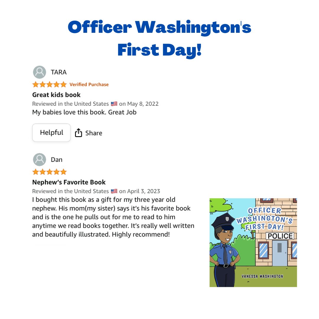Have you read Officer Washington's First Day?
If you could leave a review on Amazon, I'd greatly appreciate it.
Thanks in advance 🤗 
#letsplay #communityhelper #bridgethegap #officerwashingtonsfirstday #childrensbooks #blackauthor #copsandkids #communityrelations #letsread #poli