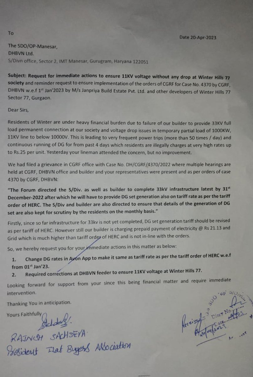 FBAwinterhill77's tweet photo. Winterhills, Sec 77, GGN suffering due to partial load &amp; 11kv-frequent power cuts,appliance burning &amp; DG running longer.CGRF ordered 33kv installation still pending after deadline @SdoManesar @OfficeOfRKSingh @Ranjitchautala @cmohry @PMOIndia @India_NHRC @dhbvnl @AmitKhatriIAS https://t.co/kLfuhHqmsg