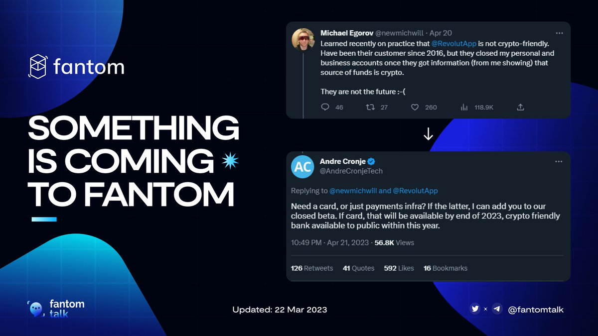 0xSonictalk's tweet photo. ICYM: Conversation between @AndreCronjeTech and @newmichwill about "crypto-friendly bank"

Something new is coming to #Fantom this year? 👀 https://t.co/O9nuwwcx1E