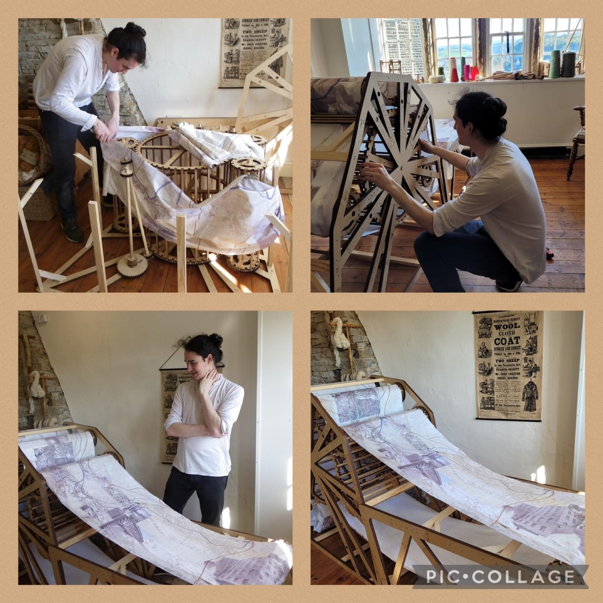 MuseumGolcar's tweet photo. Come along and see Fionn Harding's kinetic sculpture which is a reinterpretation of a carding machine that would have been used to align the fibres of the fleece before spinning.  The cloth forms animated historic maps and imagery of the valley.  #colnevalleymuseum #cardingwool https://t.co/TsJ5raZqzd