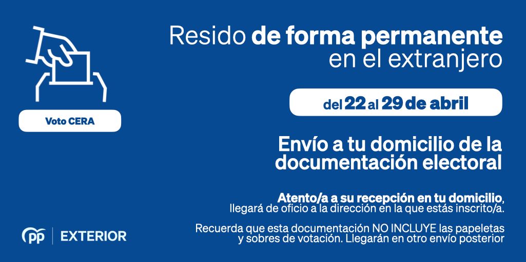 pp_exterior's tweet photo. Si eres votante CERA, desde hoy y, hasta el día 29, recibirás en tu domicilio del exterior la documentación para votar en las elecciones autonómicas.

‼️ Recuerda: las papeletas de votación se remitirán en un envío posterior. Para entonces, te explicaremos como preparar tu voto https://t.co/DmLcBhlRqN