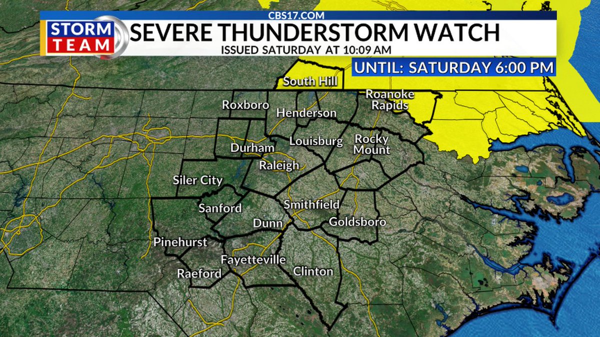 A SEVERE THUNDERSTORM WATCH has been issued in central NC. Hail &amp; damaging wind is possible in these areas. Please stay weather aware! #ncwx