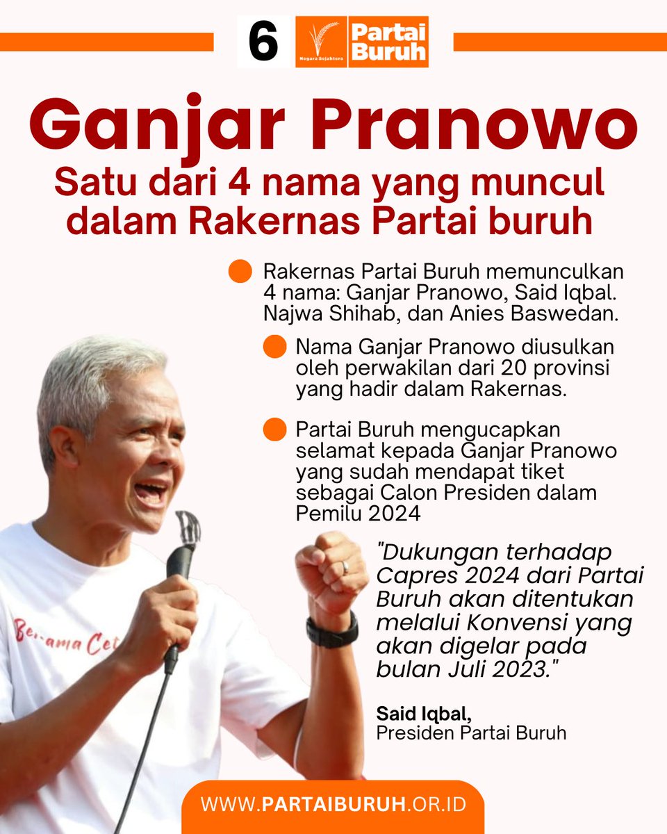 EXCOPARTAIBURUH's tweet photo. Nama Ganjar Pranowo disebut 20 provinsi dlm Rekernas Partai Buruh. Tiga nama lain adalah Said Iqbal, Najwa Shihab, dan Anies Baswedan. Nama" Capres yg dikantongi Partai Buruh tdk didapat dari satu/dua orang. Tetapi berdasarkan aspirasi dari bawah.
#partaiburuh #negarasejahtera https://t.co/J94VouygrS