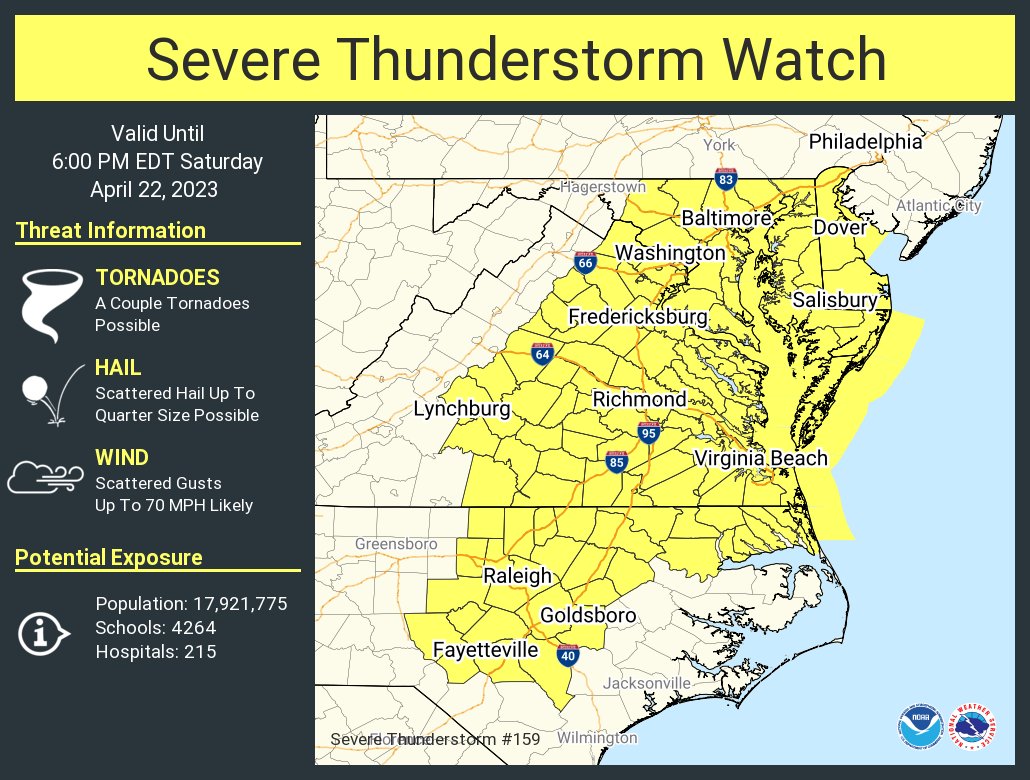 A severe thunderstorm watch has been issued for parts of Delaware, District of Columbia, Maryland, North Carolina and Virginia until 6 PM EDT