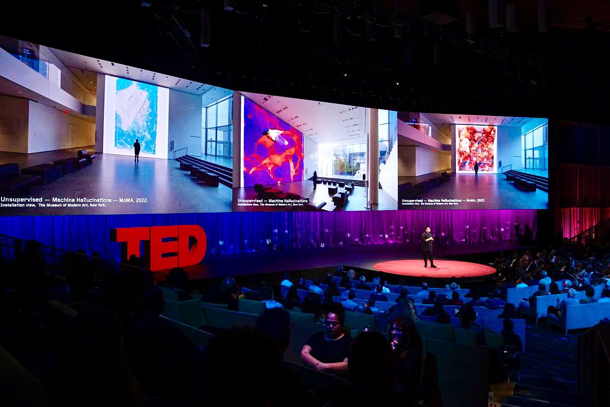 refikanadol's tweet photo. Dear friends, deeply honored to share TED stage again with brilliant minds in Vancouver. It was one of the most incredible experience in my life and connected with wonderful minds. Main topic was AI and Possibilities. I shared a brief talk and explained our studio’s most recent projects finalizing with our ambitious AI research project for DATALAND in collaboration with our Yawanawa family. Can’t wait to share more :)