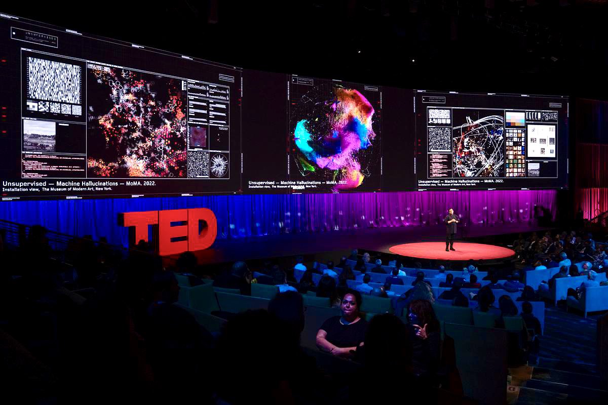 refikanadol's tweet photo. Dear friends, deeply honored to share TED stage again with brilliant minds in Vancouver. It was one of the most incredible experience in my life and connected with wonderful minds. Main topic was AI and Possibilities. I shared a brief talk and explained our studio’s most recent projects finalizing with our ambitious AI research project for DATALAND in collaboration with our Yawanawa family. Can’t wait to share more :)