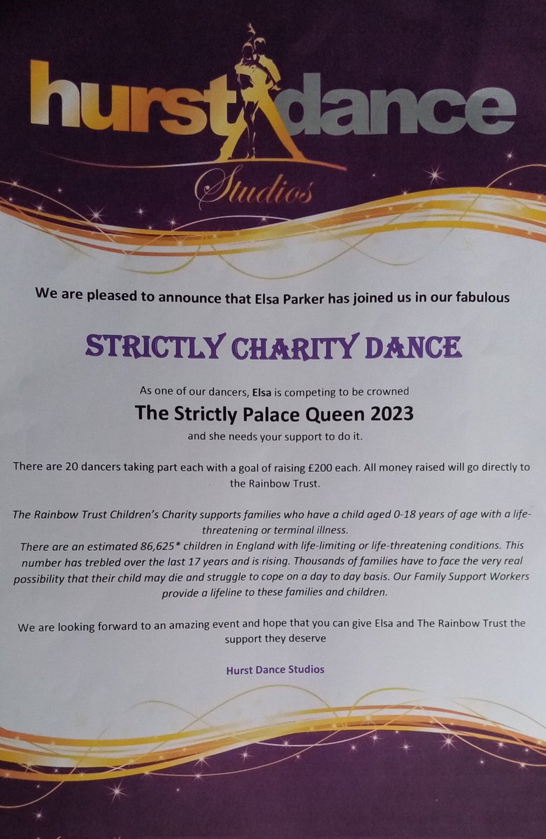 Hi all, I'm taking part in a Strictly charity dance competition on 19th May, to raise funds for the amazing <a href="/RainbowTrustCC/">Rainbow Trust Children’s Charity</a> who support families of terminally ill children.

Please get in touch to sponsor me!
(I know times are tough, so no pressure. Only if you can spare it!)