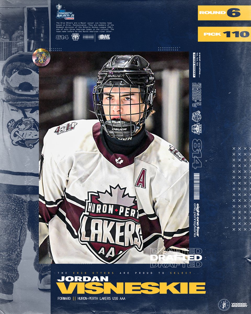 ErieOtters's tweet photo. With the 110th overall pick in the 2023 @ohlhockey Priority Selection Draft, the Erie Otters select @U16HPL forward Jordan Visneskie. Welcome to Erie!

@voodoobrewery Draft Weekend | #OHLDraft https://t.co/OwfUWSdj9l