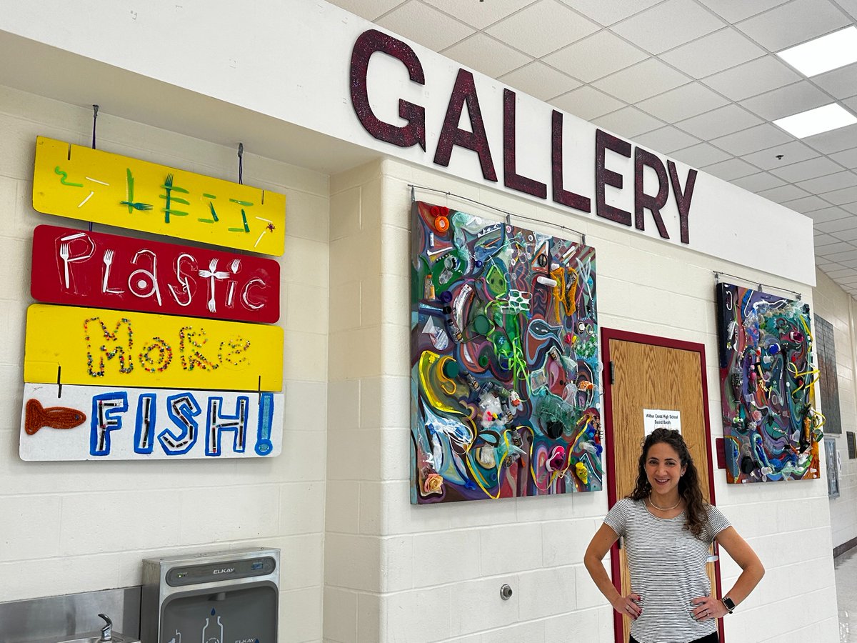 LottaFish's tweet photo. #EarthDay - Art Exhibit @Wilbur_Cross_HS art teacher Elena Kazienko - Less Plastic, More Fish! is an LOF exhibit made with #singleuseplastics by NHPS students and a grant from @SC_CT_RWA.  
By 2050 there may be more plastic than fish in our oceans - we need #LessPlasticMoreFish! https://t.co/HQLunIYPNR