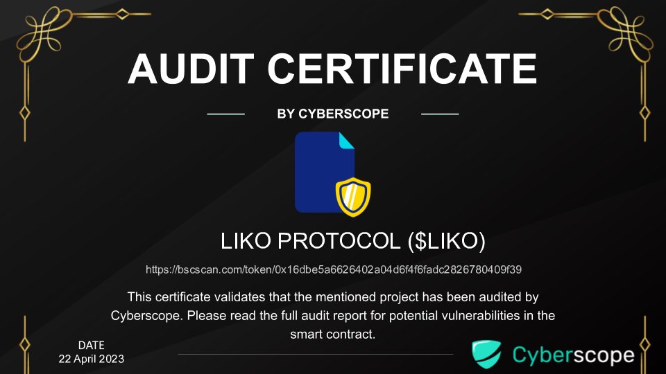 We just finished auditing
 <a href="/thelikoprotocol/">Liko Protocol</a>

Check the link below to see their full Audit report.
coinscope.co/coin/liko/audit

Want to get your project Audited?
cyberscope.io

#Audit #SmartContract #Crypto #Blockchain