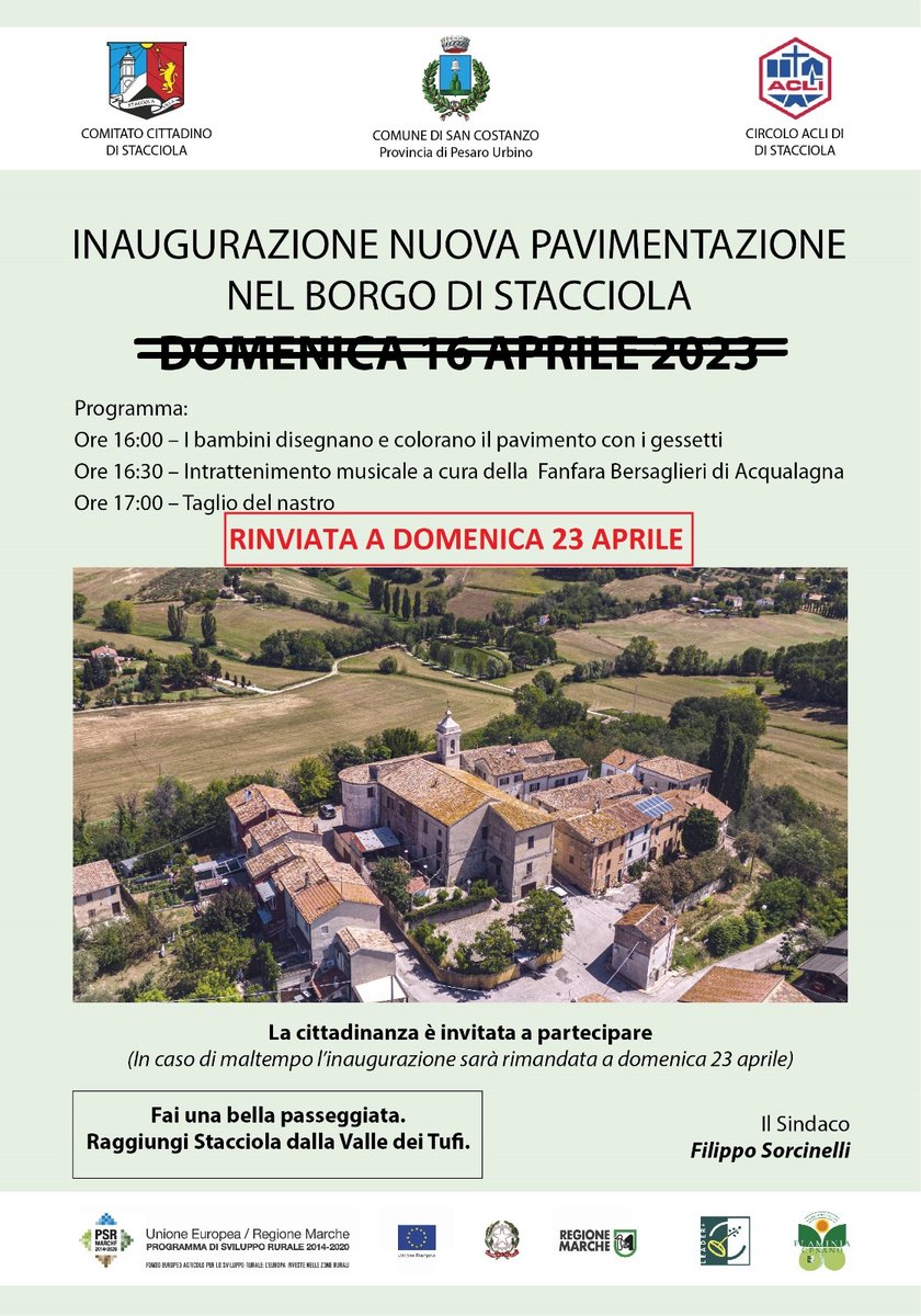 ✅ Ricordo l'appuntamento per domani alle 16:00 per l’𝐢𝐧𝐚𝐮𝐠𝐮𝐫𝐚𝐳𝐢𝐨𝐧𝐞 della nuova pavimentazione del Borgo di #Stacciola. 🎉
Vi aspettiamo!

#SanCostanzo #Marche #RegioneMarche