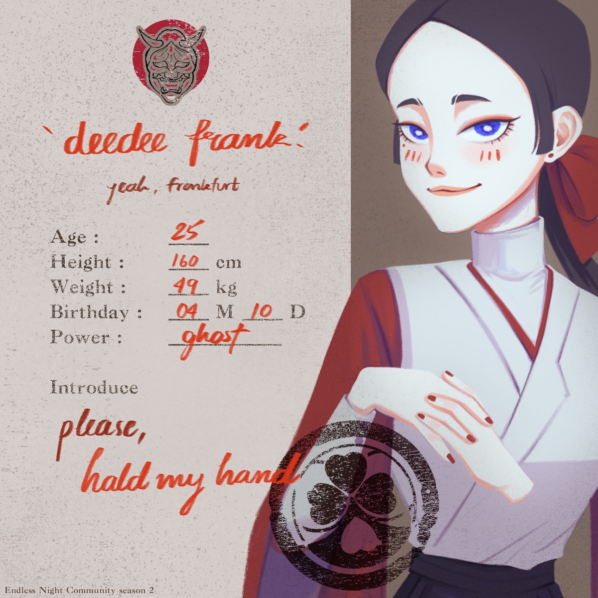 ELN_DDFrank's tweet photo. Deedee Frank ✦ ดีดี้ แฟรงก์

25 yo | Ghost-Spirit Power | Queen
"อืม..เธอไม่ได้พูดเหรอ แต่ฉันได้ยินมาว่างั้นนะ"
"ได้ยินยังไงเหรอ ...อืม ไม่รู้สิ หูฉันก็อยู่กับที่นะ"

[เป็นสายโค ไม่ค่อยออกหน้าไมค์ รับบทตัวประกอบค่ะ🖤]

🌟 Doc : https://t.co/jw5FAeWFDW

#ELN_Commu #Mugenya_School https://t.co/i6DvwkKIJX