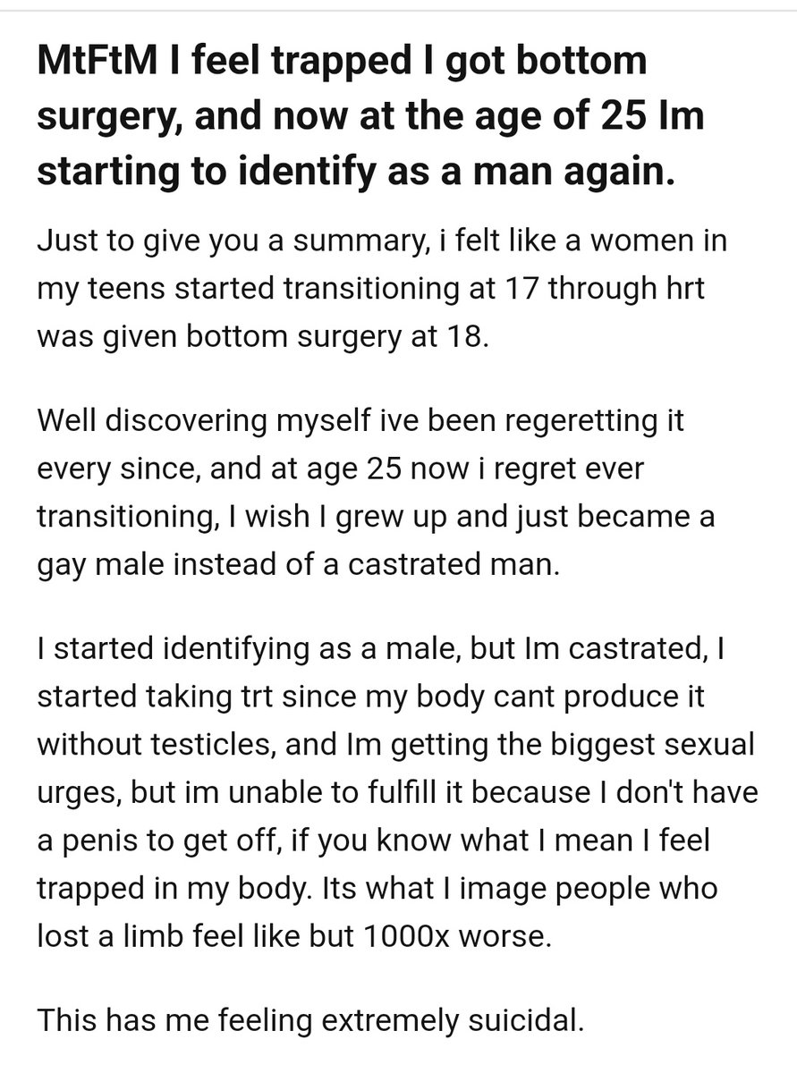 We need to put a stop to these gender surgeries. Does this sound like "life-saving care" to you?