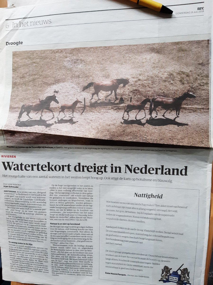 Water houdt ons - terecht - bezig.
Waar: niet hiero, wel daaro. Of omgekeerd. 
Kwaliteit: schoon genoeg, enne: wat er niet in zit, hoef je er ook niet uit te halen.
Kwantiteit: niet te veel svp, maar ook niet te weinig. 
In 2018 wisten we al dat #droogte een probleem kan worden.