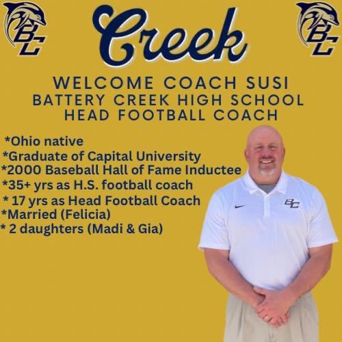 CREEK Nation: Let’s give a warm welcome to our new Head Football Coach! Meet Coach Susi!!! Make to sure to say hey when you see him! #weareCREEK #creekRISING #dolphinpride🐬