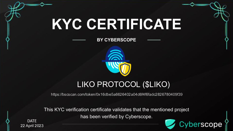 We just finished the KYC for
 <a href="/thelikoprotocol/">Liko Protocol</a>

Check the certification.
coinscope.co/coin/liko/kyc

Want to get KYC for your project?
cyberscope.io

#Crypto #Blockchain #Kyc