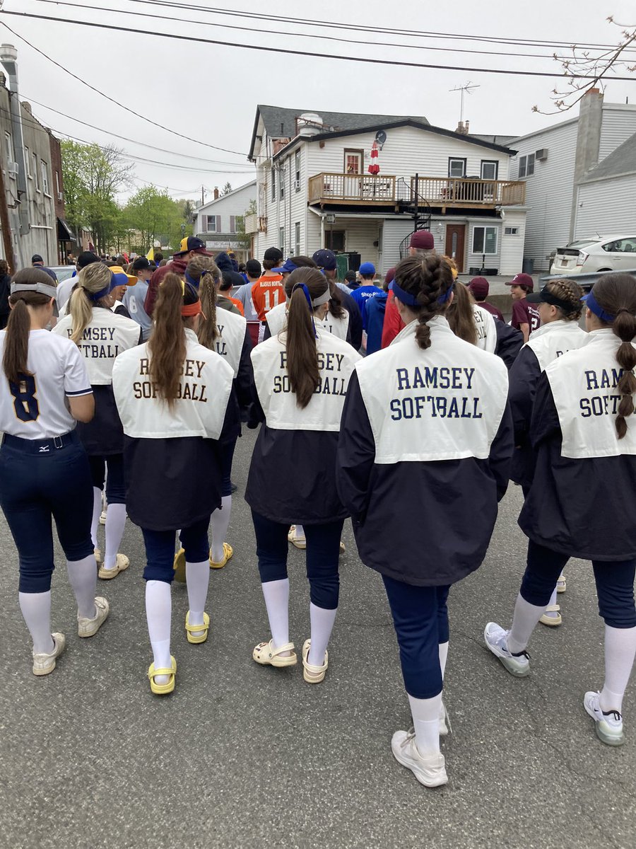 RamseySoftball's tweet photo. It was fun to participate in the march for the annual RSBA opening day parade! Love seeing our HS players wearing their old team visors! #RamPack #RSBA #OurTown https://t.co/b4APcKpsk8