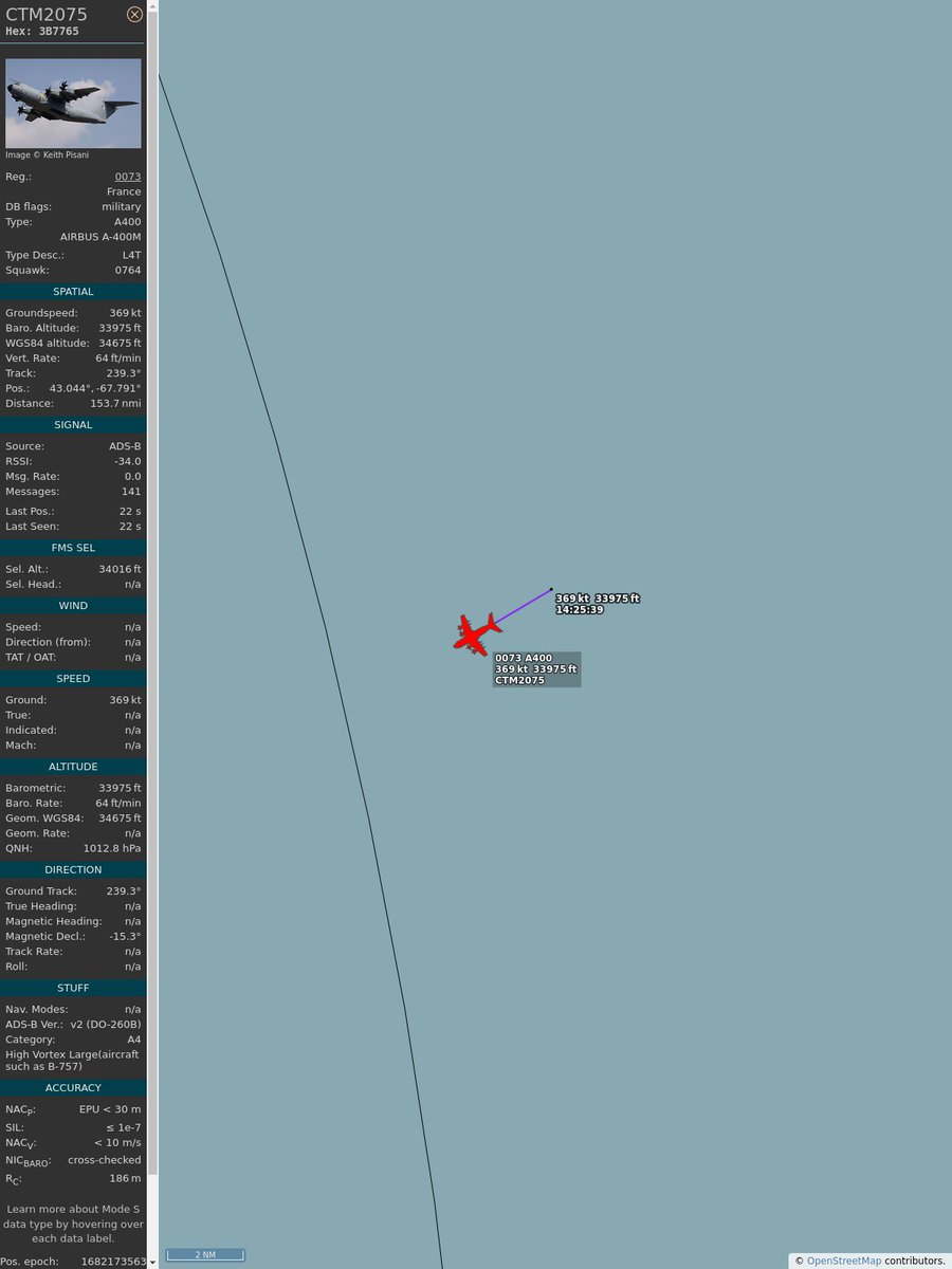 #PlaneAlert ICAO: #3B7765 Tail: #0073 Flt: #CTM2075 
Owner: #FrenchAirForce
Aircraft: #Airbus Military A400M Atlas C1
2023/04/22 10:26:02
#A400 #TacticalAirlift #Cargo #ArmeeDeLair defense.gouv.fr/english/air 
globe.adsbexchange.com/?icao=3B7765&s…