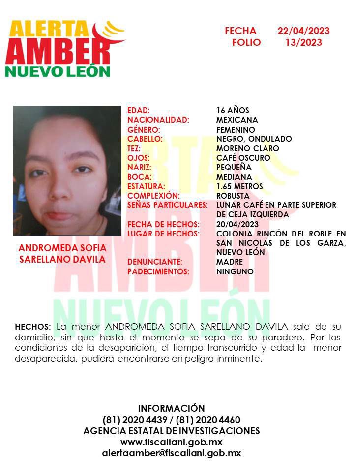 FiscaliaNL's tweet photo. 📣 Se activa #AlertaAmber 
La #FiscalíaNL solicita de su colaboración para la localización de la menor Andromeda Sofía Sarellano Dávila. ¡Por favor comparte! https://t.co/3Xa9gzD9A5