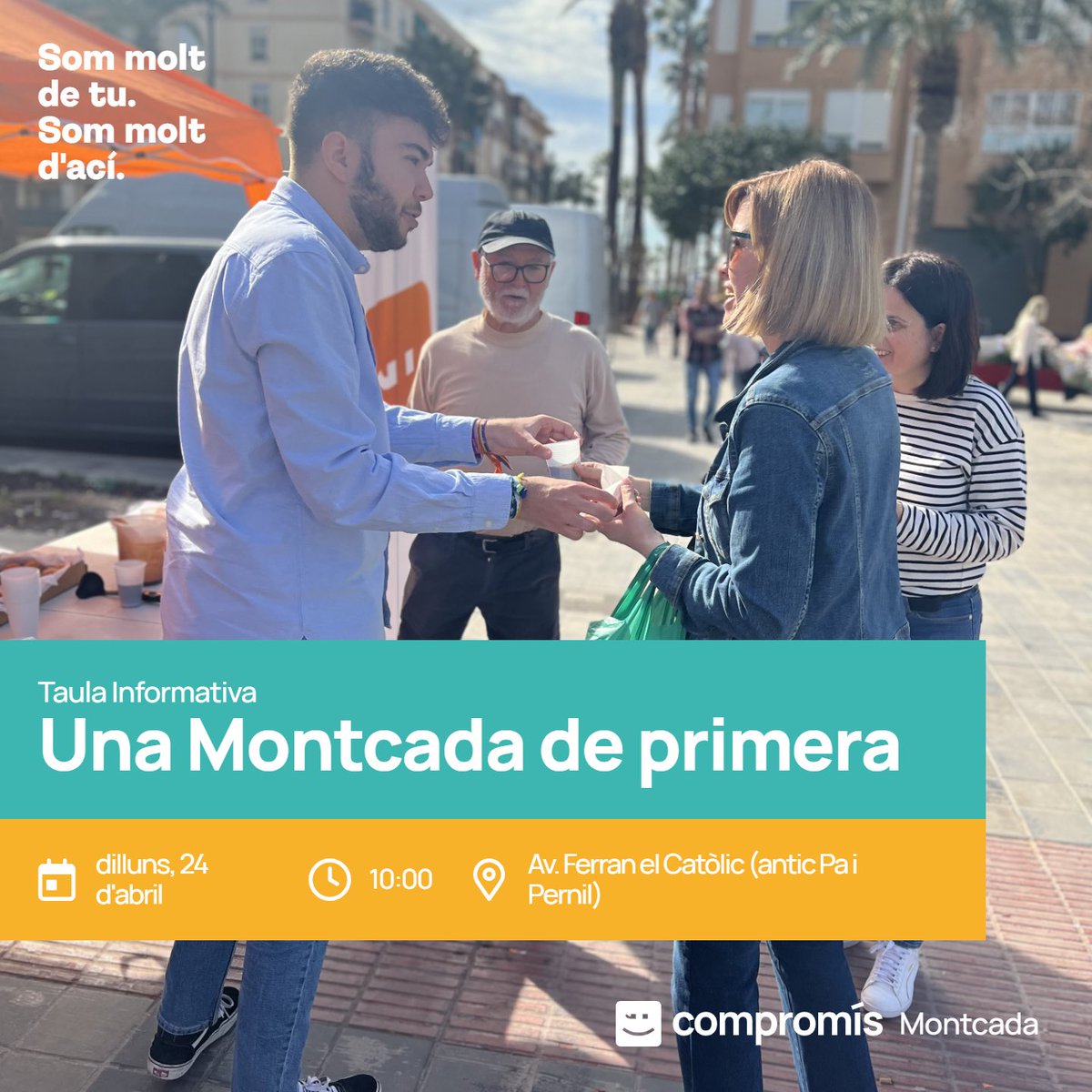 📣 Este dilluns eixim al carrer amb una Taula Informativa per donar a conéixer el nostre projecte per a #Montcada. 

✍️ Apropa’t a la nostra taula i recollirem les teues propostes per millorar la situació de la nostra ciutat.

Vos esperem! #MontcadaEresTu 🧡