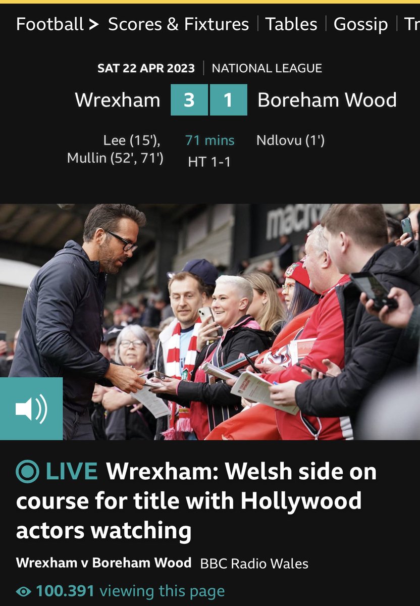 merlinkoene's tweet image. More than 100,000 people following Wrexham vs. Boreham Wood on BBC sports- insane 🤦🏻‍♂️ We are talking 5th  league here. Love it. #bbcsports #wrexhamafc