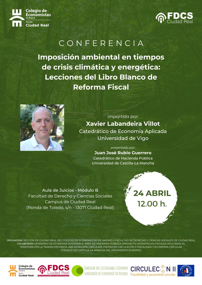 El próximo lunes 24 de abril📅a las 12 hrs.🕛organizamos en <a href="/fdcs_cr/">Facultad de Derecho y Ciencias Sociales CR</a> la conferencia🗣️de @XLabandeira sobre Imposición Ambiental presentada por nuestro Vocal de <a href="/ciudadrealcemad/">Economistas de Ciudad Real</a>  <a href="/Juanjo_rubiog/">JuanjoRubioGuerrero</a> 
‼️No dejes pasar la oportunidad‼️