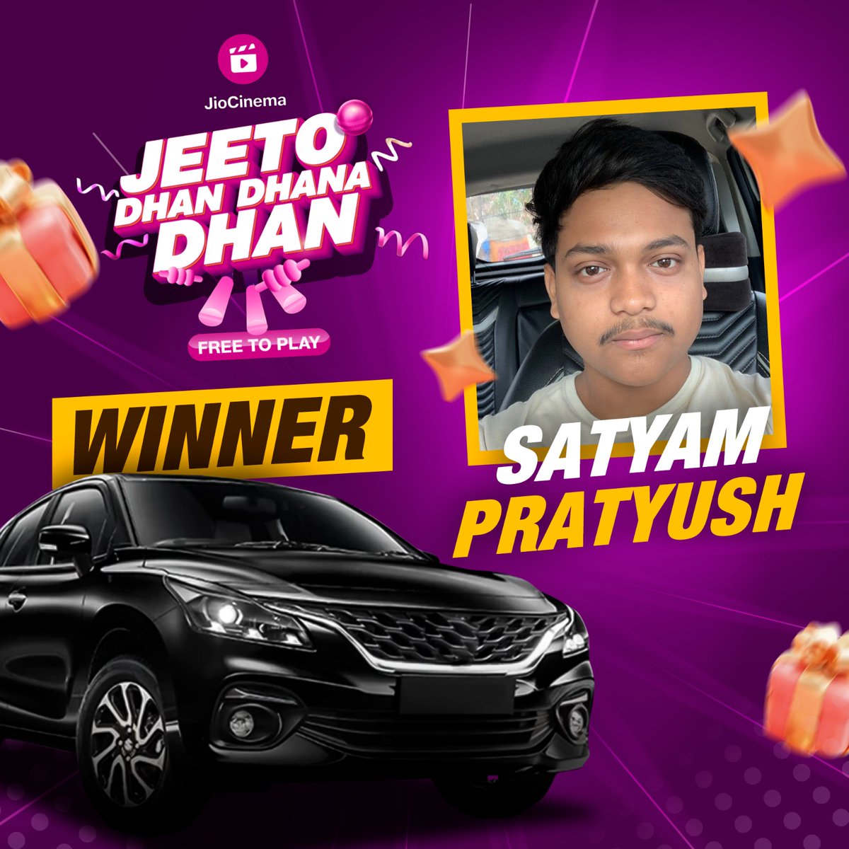 HotstarReality's tweet photo. #JeetoDhanDhanaDhan contest winner alert 🚨

🗣 to Satyam Pratyush for winning a brand new 🚗 from  #RCBvPBKS

Hold your phone in portrait mode before every over of the match to answer simple questions, and you could be the next winner! 

T&amp;Cs apply, 18+ only

#IPLonJioCinema https://t.co/eaqQE6W2w2