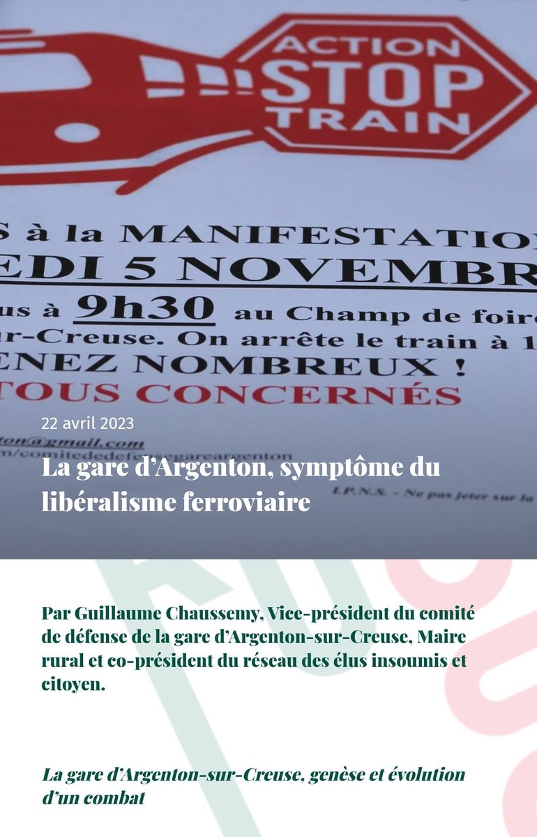 GChaussemy's tweet photo. "La gare d’Argenton, symptôme du libéralisme ferroviaire"

Merci à #RuralRouge de m'avoir proposé de participer à son 2eme numéro pour évoquer le combat de la gare d'Argenton-sur-Creuse (@garedargenton)

https://t.co/9WfJYuB1Mp https://t.co/59oNHn9MMa