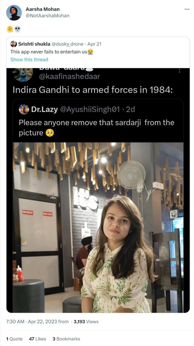 PanjabSupremacy's tweet photo. Welcome to India where you can be a co-founder of a foundation that supports “socially disadvantaged woman and children” whilst laughing at a genocide where woman were raped and killed, and children were killed for just being Sikhs. @NotAarshaMohan what a nasty scum and low life. https://t.co/FdIaEH23iE