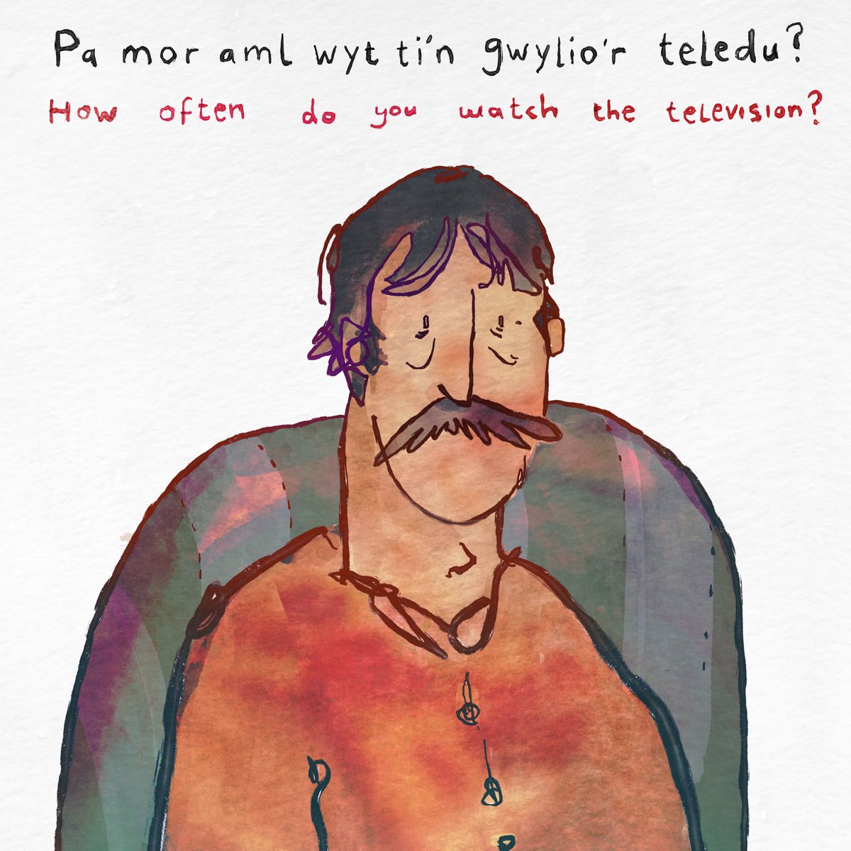 SketchyWelsh's tweet photo. Rhan un!
Pa mor aml wyt tin gwilio’r teledu? : how often do you watch television?
Pa: what, which
Mor: So
Aml: often, frequent, or multi
Aml-wraidd: polygamous
Gwylio: watch
Teledu: television
#dysgucymraeg #cymraeg #siaradcymraeg #dysgu #wales #welsh #welshnames #welshwords https://t.co/k9y7vLMJ3H