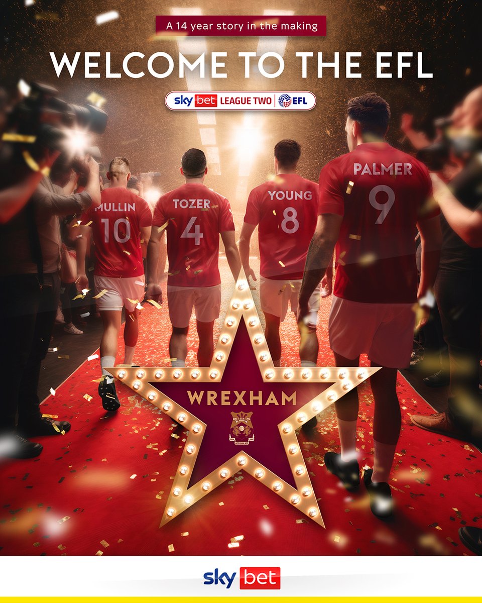 SkyBet's tweet photo. The first team to 𝐞𝐯𝐞𝐫 hit 110pts in the top five tiers of English football 🤯

Welcome to the @EFL, @Wrexham_AFC! 🎥🏆🎉

#WxmAFC https://t.co/rbLbVV0CNl