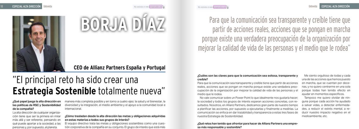 Corresponsables's tweet photo. "El grupo de interés que está más implicado en la #estrategia de #Sostenibilidad son los propios empleados de #AllianzPartnersEspaña". Lo cuenta @borjadm, CEO de @Allianz_es, en la #revistaCorresponsables71  👉 https://t.co/hARpemyWJl https://t.co/w7ZZjNeDUf