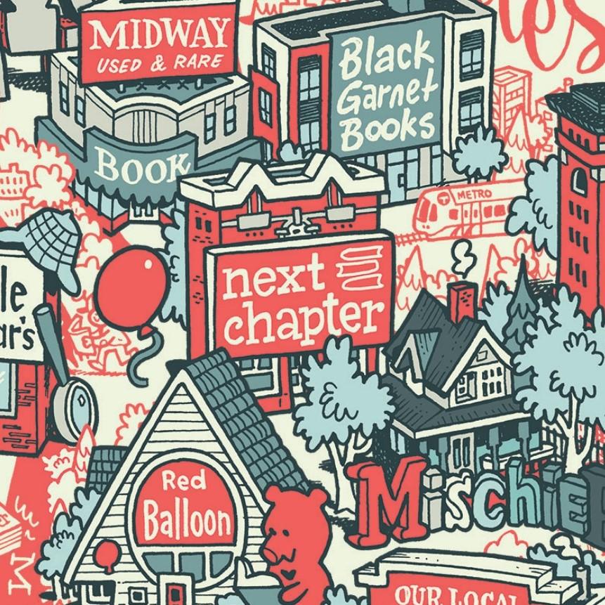New Midwest Indie Bookstore Roadmaps are available starting Monday! There we are, in between @blkgarnetbooks and @RedBalloonBooks, just like real life. Illustrated by local artist @beardhero, this map is free at any indie bookstore -- grab one on #IndieBookstoreDay this Saturday!