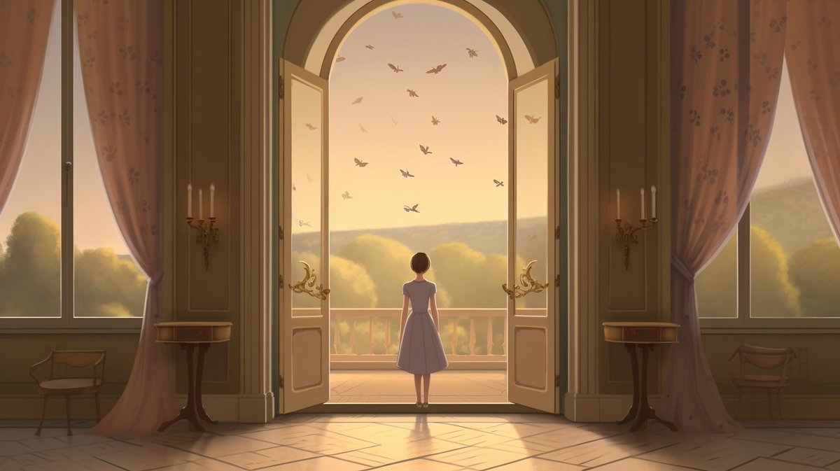 Girl Child looking at butterflies from window, in the style of paul corfield, wes anderson, neoclassical symmetry, matte painting, dream vistas, stage - like environments, jeff danziger --ar 16:9 --q 2 --v 5