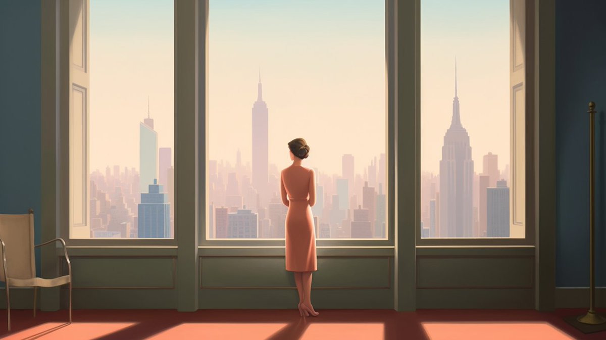 Woman looking at skyline from window, in the style of paul corfield, wes anderson, neoclassical symmetry, matte painting, city vistas, stage - like environments, jeff danziger --ar 16:9 --q 2 --v 5