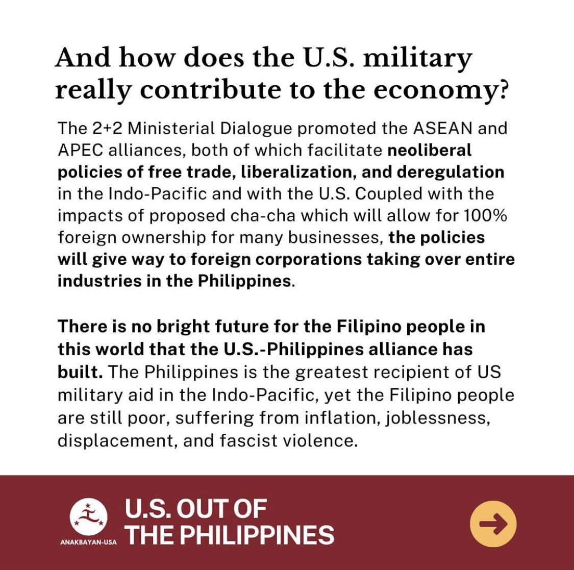 anakbayanSD's tweet photo. Worst yet, the 2+2 Ministerial Dialogue was full of empty promises for the Filipino masses- imposing more neoliberal policies and ecological destruction. Shame on Marcos Jr. for selling our people and our land to the highest bidder! https://t.co/dkyIYcPJ6Z