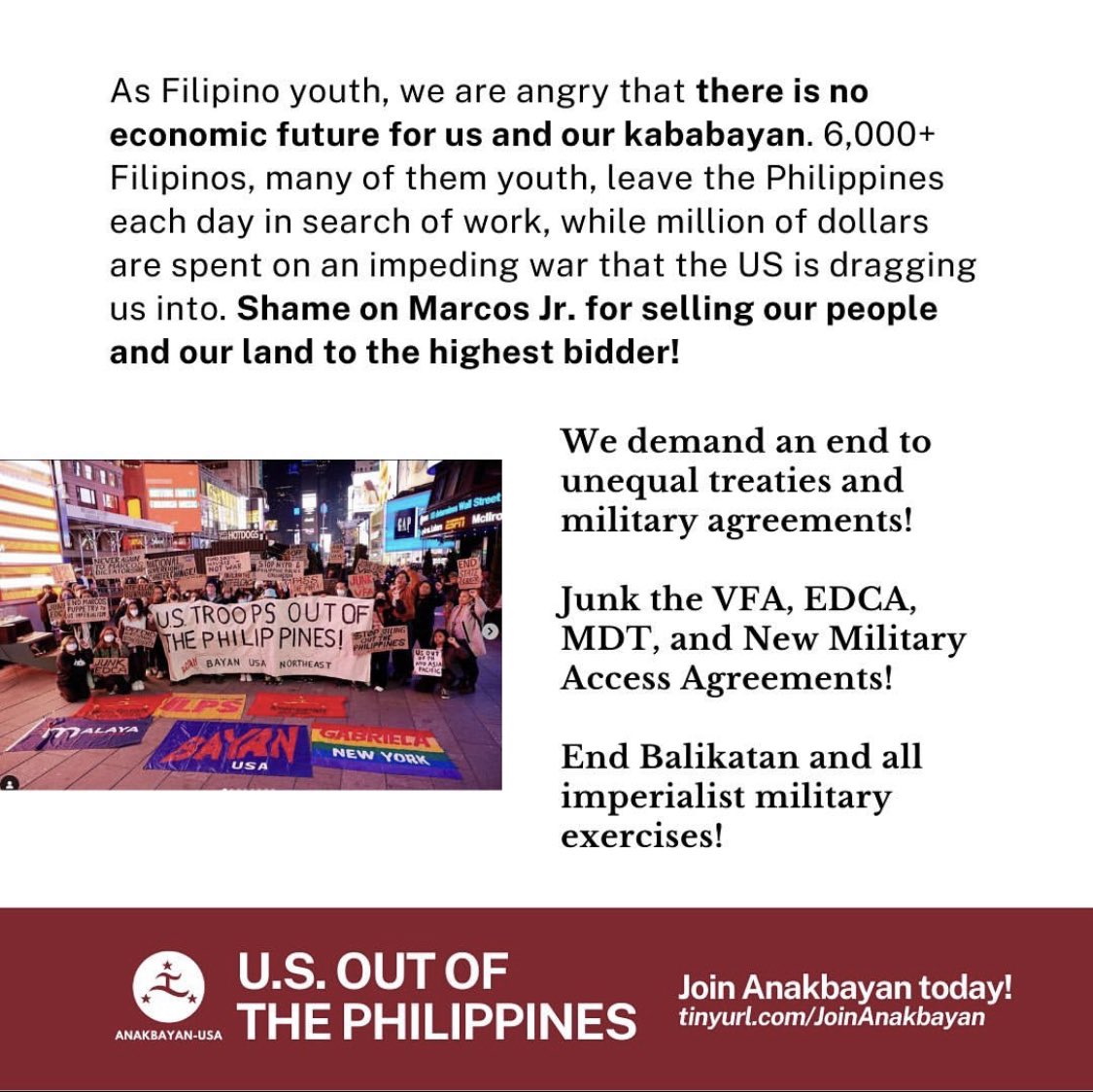 anakbayanSD's tweet photo. 🗣️ SAY IT WITH US 🗣️

📢 We demand an end to unequal treaties and military agreements!

📢 Junk the VFA, EDCA, MDT, and New Military Access Agreements!

📢 End Balikatan and all imperialist military exercises!

📢 U.S. out of the Philippines and all Asia Pacific! https://t.co/aInlCsul2u