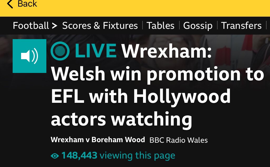 PaulBColley's tweet photo. @Wrexham_AFC 148,443 listening to the BBC feed at full time, 
Well done Wrexham 👍👍👍 https://t.co/txhmQlh0Y8